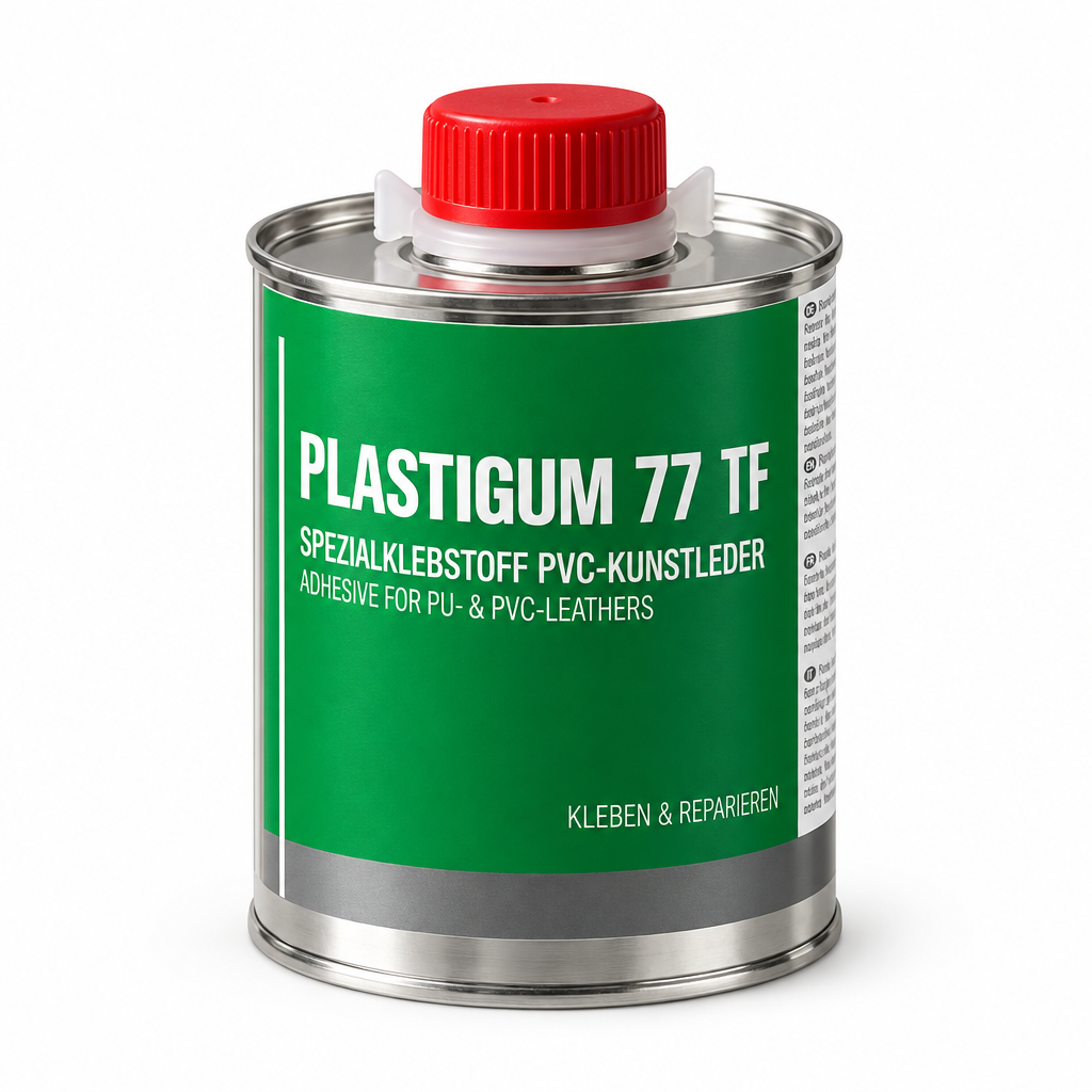 Plastigum 77 TF PVC-lim i metallburk med grön etikett och röd kork