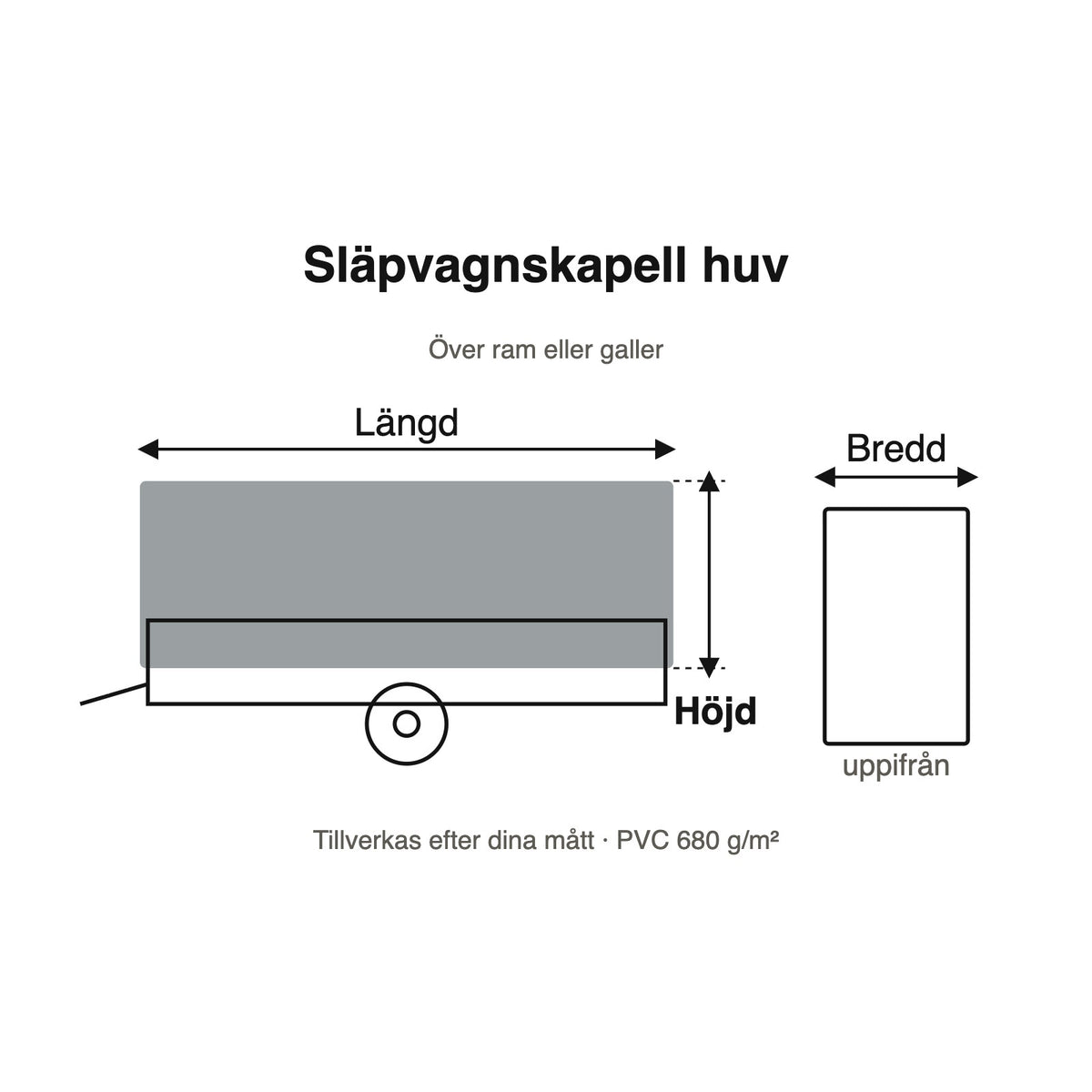 Skiss av släpvagnskapell huv med längd, bredd och höjd