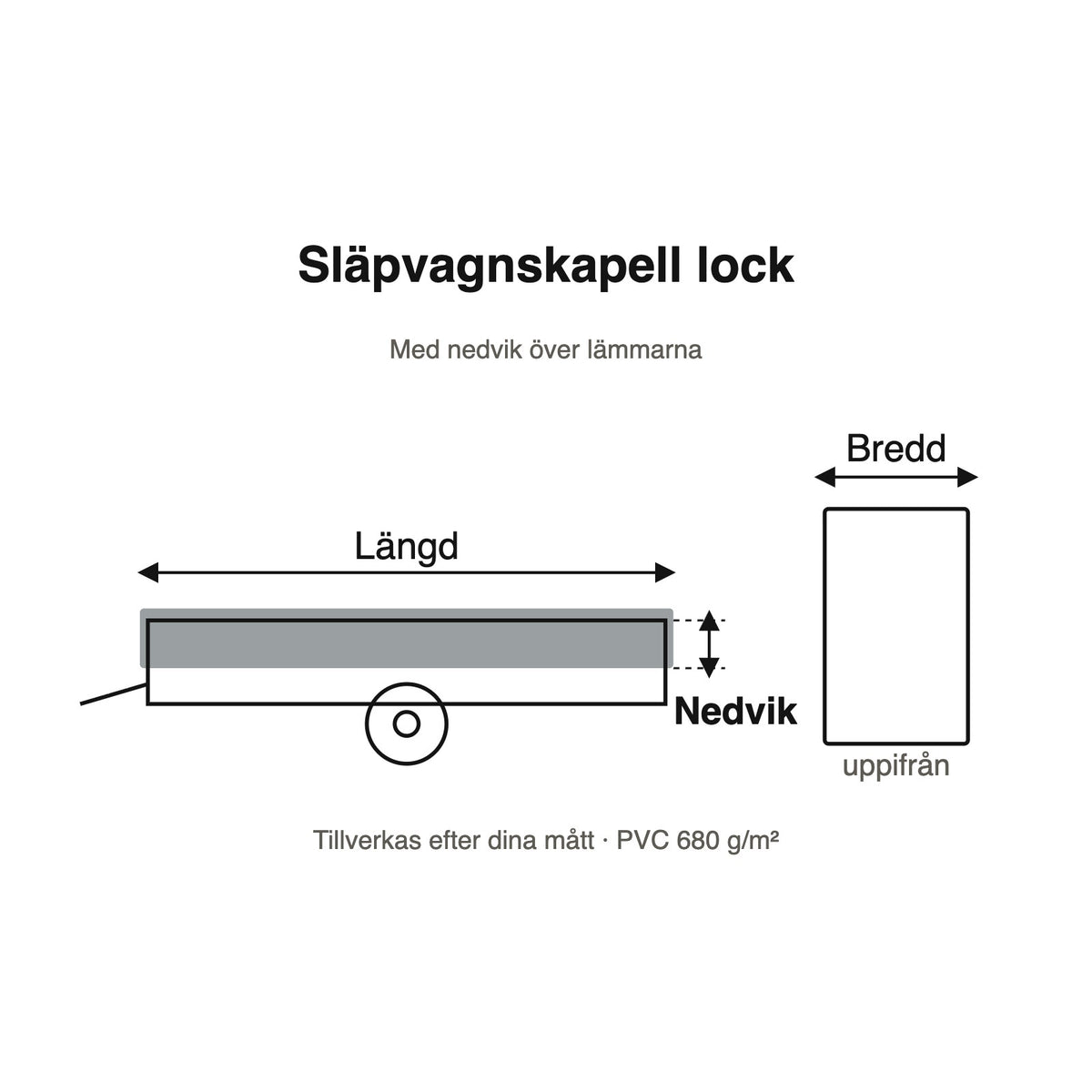 Skiss av lock till släpvagn med längd, bredd och nedvik