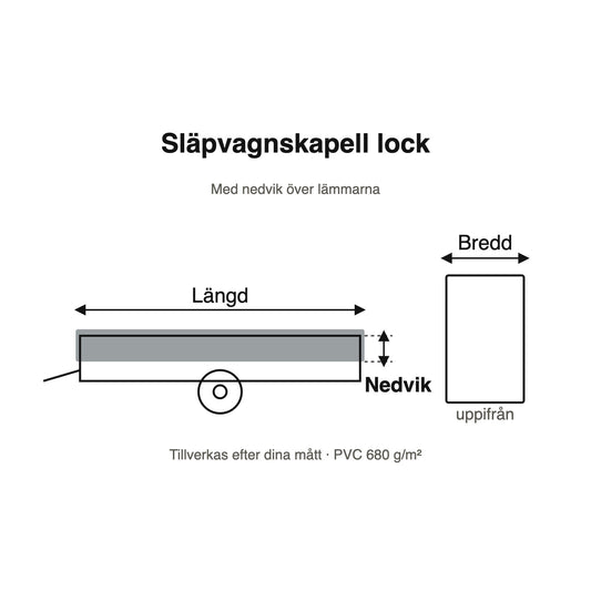 Skiss av lock till släpvagn med längd, bredd och nedvik